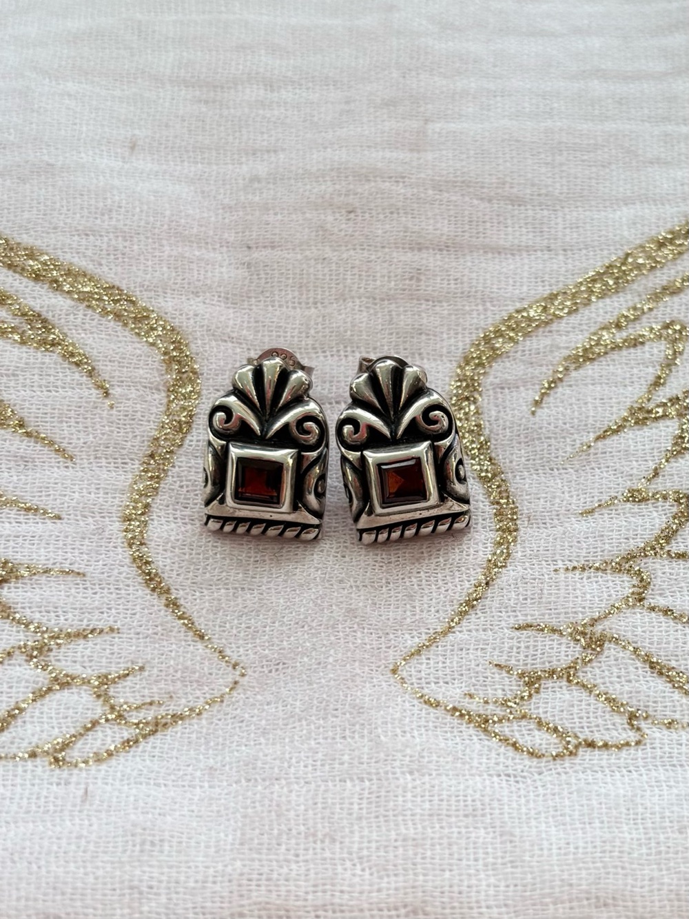 Sterling Silver Bali Stud Earrings with Garnet-Red Gemstones
